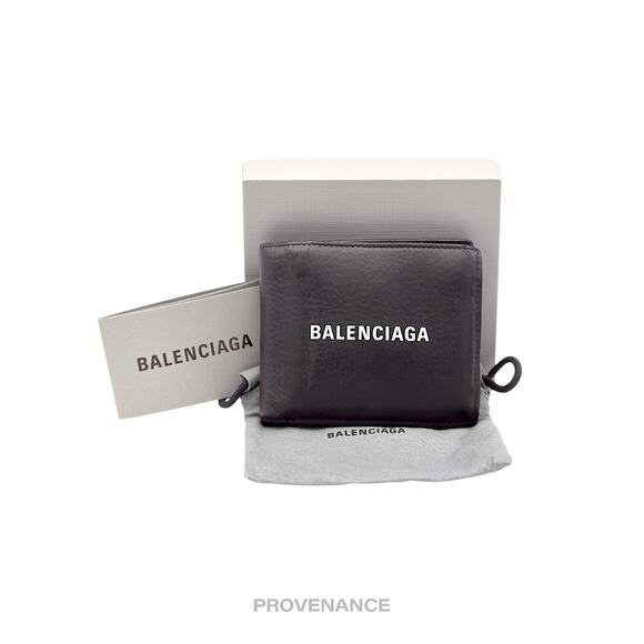 🔴 Balenciaga Logo Bifold Wallet - Black Leather - Picture 1 of 10